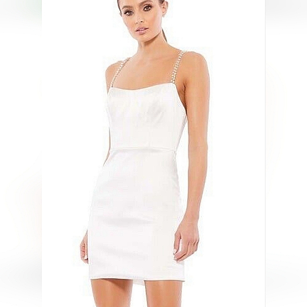 Mac Duggal White Mini Dress with Embellished Straps